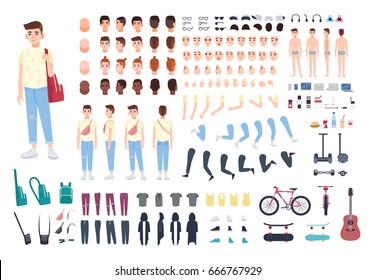 Teenager character constructor. Boy creation set. Different postures, hairstyle, face, legs, hands, clothes, accessories collection. Vector cartoon illustration. Front, side, back view.
