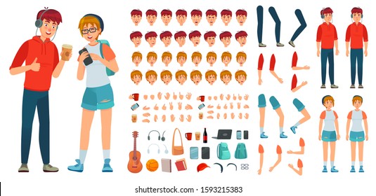 Teenager character constructor. Teenage boy, young girl character creation bundle and teenagers couple cartoon vector illustration set. Avatar creation kit with faces, body parts and accessories