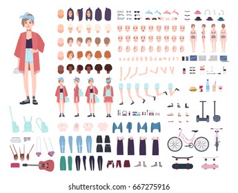 Teenager-Charakterkonstruktor. Junge trendige Mädchenerstellung. Unterschiedliche Haltungen, Frisur, Gesicht, Beine, Hände, Kleidung, Accessoires-Kollektion. Vektorgrafik-Illustration. Vorn, Seite, Rückseite.