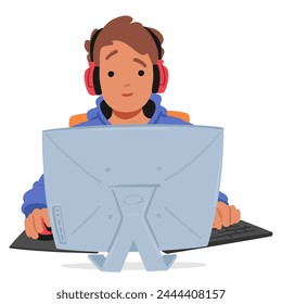 El Personaje Adolescente En Un Auricular Navega Por La Computadora, Encarnando La Seguridad Del Web A Través De Prácticas De Navegación Seguras Y Protegiendo La Información Personal En La Edad Digital. Ilustración vectorial de Personas de dibujos animados