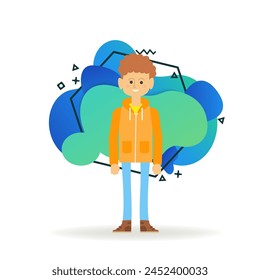 Teenager character in modern outfit. School boy in jeans and sport sweater with hood. Flat vector illustration. Student life, individuality, school concept for banner, website design or landing page