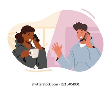 Teenager Characters Chatting and Speaking by Phones. Gadgets Communication Concept. Young Girl and Boy Speaking by Smartphones, People Use Smart Technologies Devices. Cartoon Vector Illustration