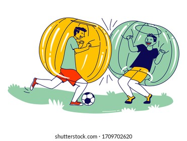 Teenager Characters Playing Soccer inside of Zorb Balls. Boys Running on Green Field Playing Zorbing Football. School Competition, Fun Sport Recreation, Summer Relax. Linear People Vector Illustration