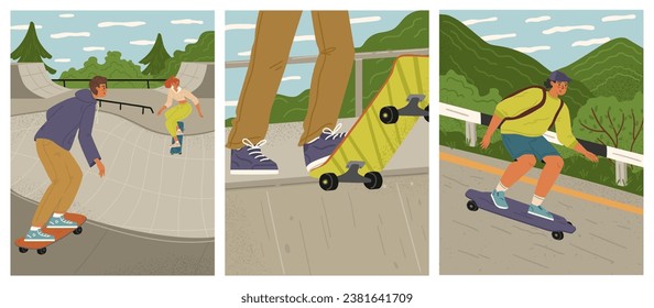 Teenager characters skateboarding on sport city playground scene