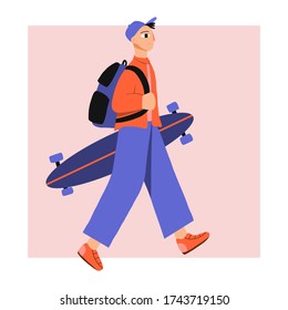 A teenager comes with a skateboard in his hand and a backpack.  Blue and red colors.  Popular flat style.  Vector hand drawn illustration.