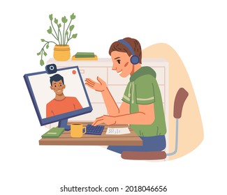 Teenager communicating with friend on computer by video camera isolated flat cartoon character. Vector online communication, young man taking to friend , chatting and education via internet