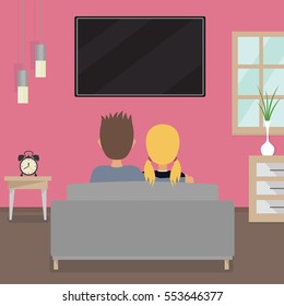 Teenager couple, boy and girl  watching television on couch. Cartoon interior of house with flat screen and furniture vector.