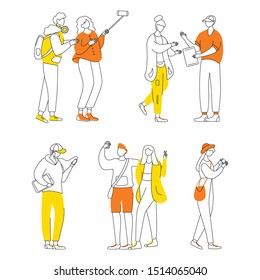 Teenager culture flat contour vector illustrations set. Young people with electronic gadgets isolated cartoon outline characters on white background. Teens lifestyle. Generation Z simple drawing