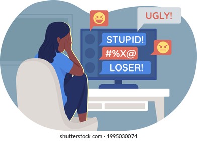 Teenager and cyberbullying problem 2D vector isolated illustration. Suffering teen girl in front of computer screen flat characters on cartoon background. Teenager problem colourful scene