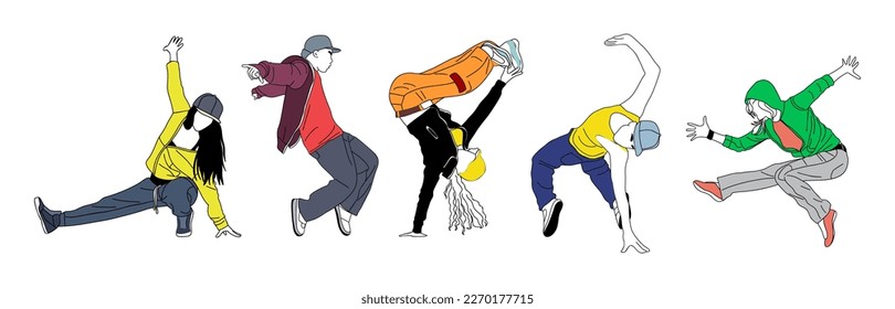 Teenager dancer hip hop, breakdance outline vector