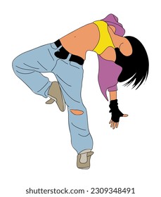 Teenager dancer hip hop, breakdance outline vector drawing isolated on white background. Young cool girl dancing street dance in bright clothes. Korean japanese asian cartoon style