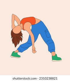 Teenager dancer hip hop, breakdance outline vector drawing isolated on neutral beige background. Young cool girl dancing street dance in bright clothes. Korean japanese asian cartoon style