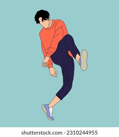 Teenager dancer hip hop, breakdance outline vector drawing isolated on blue teal background. Young cool guy dancing street dance in bright clothes. Korean japanese asian cartoon style