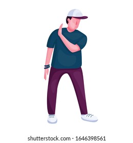 Teenager dancing flat color vector faceless character. Stylish guy showing refuse gesture. Modern break dance performer isolated cartoon illustration for web graphic design and animation