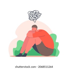 Teenager Depression, Problems, Depressed Unhappy Boy Sitting on Floor with Tangled Thoughts in Head. Kid Character need Professional Psychological Help, Mental Assistance. Cartoon Vector Illustration