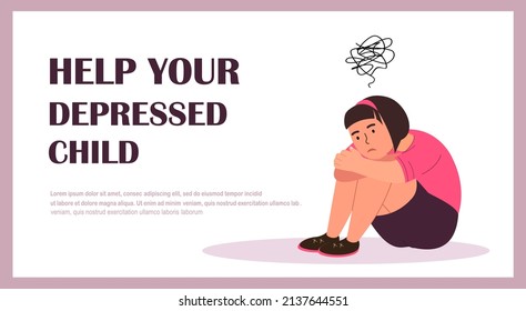 Teenager Depression, Problems, Depressed Unhappy Girl Sitting on Floor with Tangled Thoughts in Head. Kid Character need Professional Psychological Help, Mental Assistance. Cartoon Vector Illustration