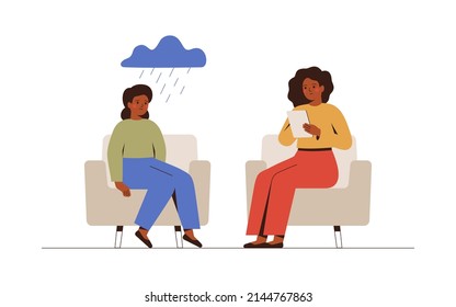 Teenager in depression receives support from counselor. Children Therapy session in doctor's office. Psychologist has an individual meeting with her young patient. Vector illustration