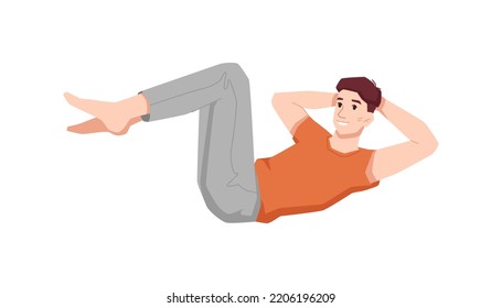 Teenager doing press exercises to grow muscles and strengthen body. Isolated male character working out at home, beginner program. Vector in flat cartoon style