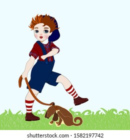 teenager dressed in a red plaid shirt and blue shorts walks on the lawn with a dog, color vector illustration