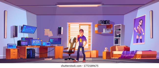 Teenager drinks coffee in bedroom with workspace with computer monitors on desk, chair and printer on shelf. Vector cartoon interior room of gamer, programmer or hacker