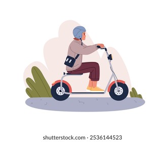 Adolescente conduce scooter eléctrico. Persona con casco de seguridad monta en ayuda de movilidad personal con asiento. El carácter está en la bici, vista lateral de la motocicleta. Ilustración vectorial aislada plana sobre fondo blanco