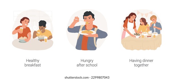 Teenager eating at home isolated cartoon vector illustration set. Healthy breakfast, eating cereals and drinking orange juice, teenager hungry after school, having dinner together vector cartoon.