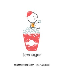 teenager eats popcorn illustration