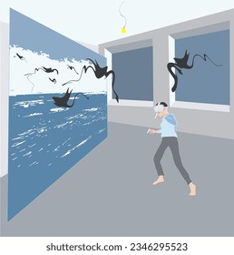 Un adolescente en una habitación vacía juega un juego de ordenador. Él ve el océano y las aves monstruosas.