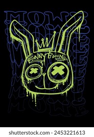 Teenager evil rabbit print with linear text Move. Urban style poster with bunny, Eye x, crown. Paint steaks street art style