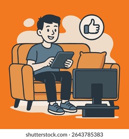 Un adolescent explore ses appareils électroniques, à savoir une télévision et une tablette.