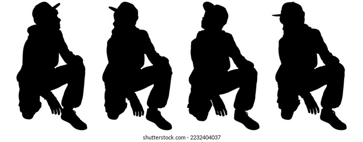 A teenager in a fashionable cap. The boy squatted down. Fashion stylish teenage boys. Children's fashion. Model. Front view, full face, half-side, side. Four black teen silhouettes are isolated.