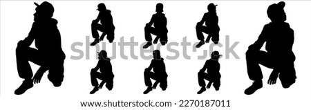 A teenager in a fashionable cap. The boy squatted down. Fashion stylish teenage boys. Children's fashion. Model. Camera view, sideways. Big set of children. Black color silhouettes isolated on white