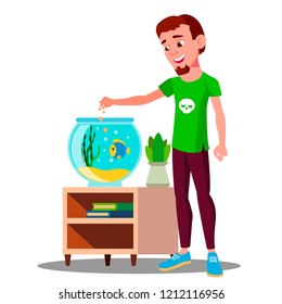 Teenager Feeding A Fish In Aquarium Vector. Isolated Illustration