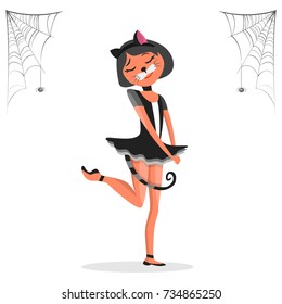 Teenager female dressed in costume of black cat celebrating at Halloween party isolated on a white background