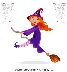 Teenager female dressed in costume of witch on the broom celebrating at Halloween party isolated on a white background