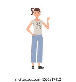 Teenager Female With Pony Tail Standing Waving With Hand Flat Vector Illustration