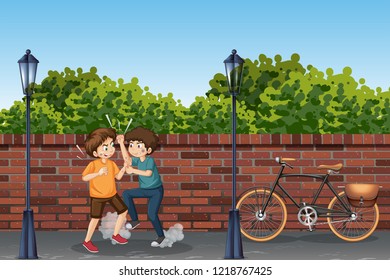 Teenager fighting on street illustration