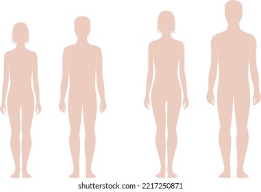 Teenager figure. Body proportions 12 and 15 years old. Boy and girl. Front and back. Teen sketch. Template for technical drawing. Vector illustration.