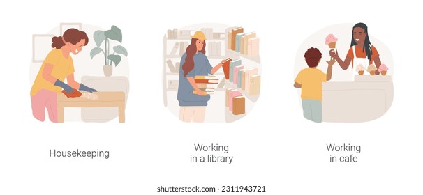 Teenager first job isolated cartoon vector illustration set. Housekeeping job, cleaning house, wearing uniform, work in library, standing near bookshelf, teenager selling ice-cream vector cartoon.