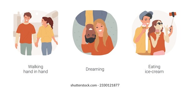 El adolescente primero ama el conjunto de ilustraciones vectoriales de dibujos animados aislados. Pareja adolescente caminando de la mano, chico y chica joven soñando tendido en el pasto, comiendo helado juntos, tomando dibujos de vector selfie.