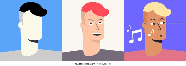 Teenager focuses and whistles. He has a stylish hairstyle for a guy. Colored pack of various sets and silhouette. Avatar. Vector Flat Illustration. Cartoon.