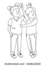 teenager friends boy and girl greeting and smiling isolated,vector illustration graphic design.