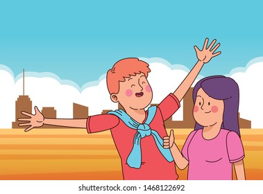 teenager friends boy and girl greeting and smiling in the city park, nature and cityscape background ,vector illustration graphic design.