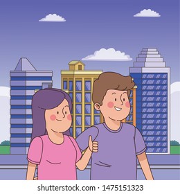 teenager friends boy and girl greeting and smiling in the city, urban scenery with street ,vector illustration graphic design.