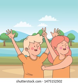 teenager friends boy and girl greeting and smiling in the nature outdoors scenery ,vector illustration graphic design.