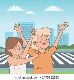 teenager friends boy and girl smilng and greeting in the city, urban scenery with street ,vector illustration graphic design.