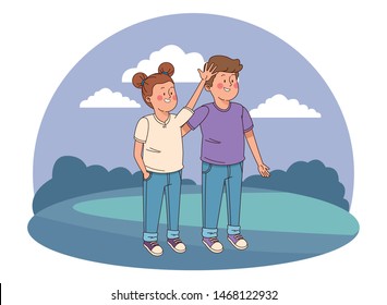teenager friends boys smiling and greeting in the park, outdoors scenery background vector illustration graphic design.