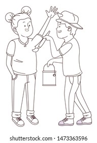 teenager friends with paint bucket and brush isolated,vector illustration graphic design.