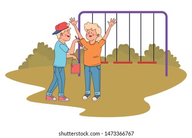 teenager friends with paint bucket and brush in the park with playgrounds vector illustration graphic design.
