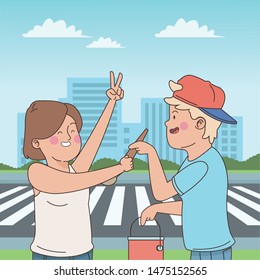 teenager friends with paint bucket and brush in the city, urban scenery with street ,vector illustration graphic design.